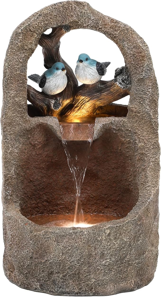 27" Outdoor Water Fountain with LED Lights,2-Tier Bird Natural Zen Garden Fountain, Relaxing Waterfall Floor, Yard, Porch or Deck Decor, Whether-Resistant, Faux Granite Texture