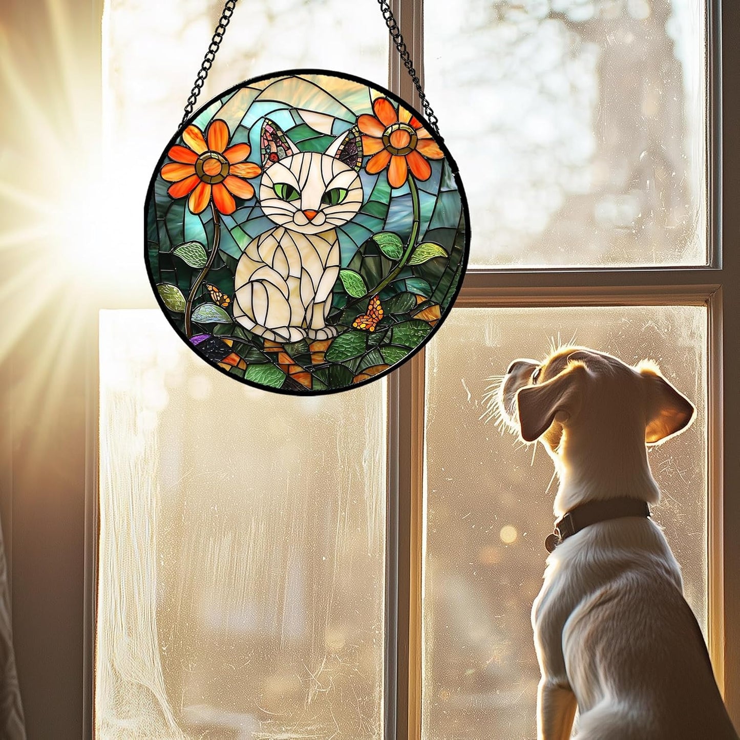 Stained Glass Window Hanging - White Cat Green Plants Orange Flowers Sun Catcher for Door Garden Home Decor Suncatcher Christmas Mother's Day Birthday Gifts for Women Men Mom Nana 11.8 in
