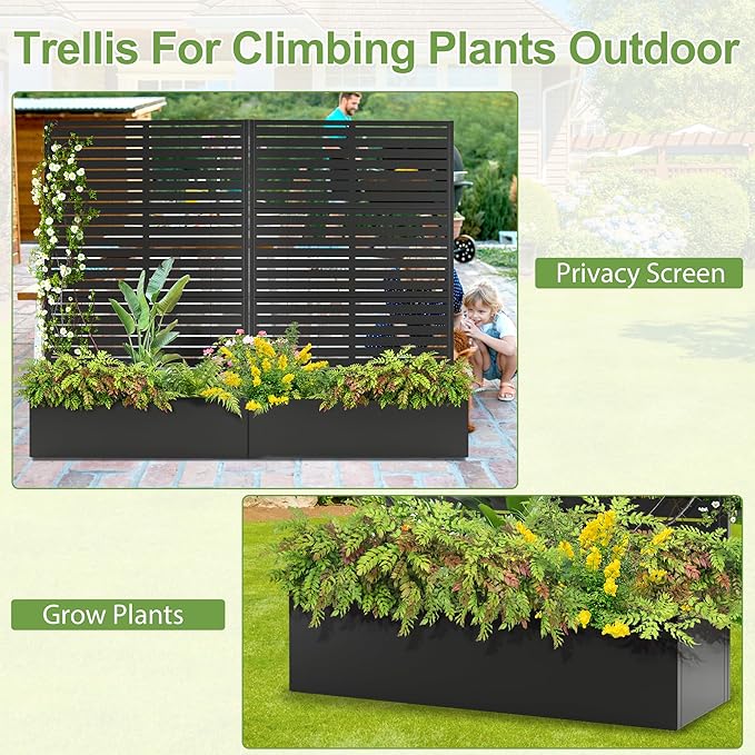Trellis for Climbing Plants Outdoor，Mental Garden Bed with Drainage Holes Outdoor Privacy Screen Design Tall planters for herb Flower Vegetables 73"x47"x16", Black-Louvered