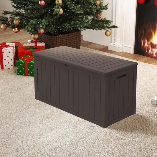 100 Gallon Outdoor Storage Box Waterproof,Resin Deck Box Storage Bin for Cushion Patio Furniture, Pool Accessories, and Garden Tools, Lockable & UV-Resistant, Brown