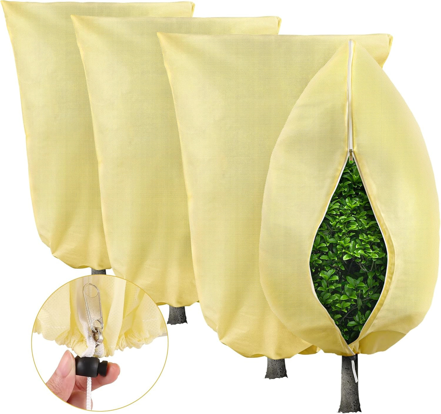 Plant Covers Freeze Protection, 4 Pack 32''× 47'' Beige Frost Cloths Blankets with Zipper Drawstring Shrub Tree Covers for Winter Outdoor Plants Freeze Protection