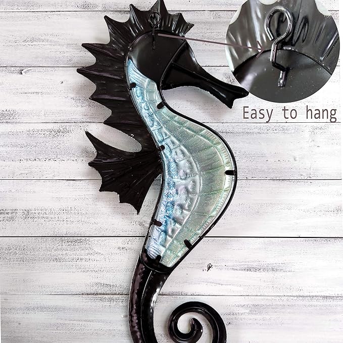 JOYBee 18inch Metal Large Seahorse Wall Art Decor,Christmas Decorations,Bathroom Ocean Glass Art Outdoor Hanging Beach Theme Decorations for Outdoor Indoor Kitchen Garden Patio,Porch or Fence