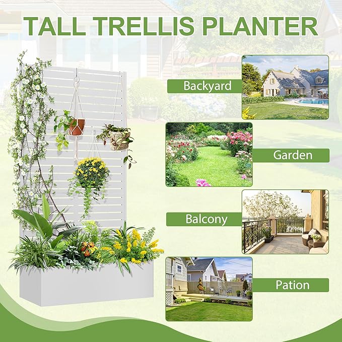 Trellis for Climbing Plants Outdoor，Mental Garden Bed with Drainage Holes Outdoor Privacy Screen Design Tall planters for herb Flower Vegetables 73"x35"x16", White-Louvered
