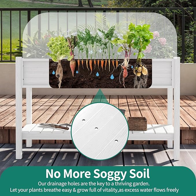 YITAHOME Raised Garden Bed, 47x18x31 Inch HIPS Poly-Wood Weather-Resistant Elevated Planter Box with Storage Shelf for Vegetable Flower, White