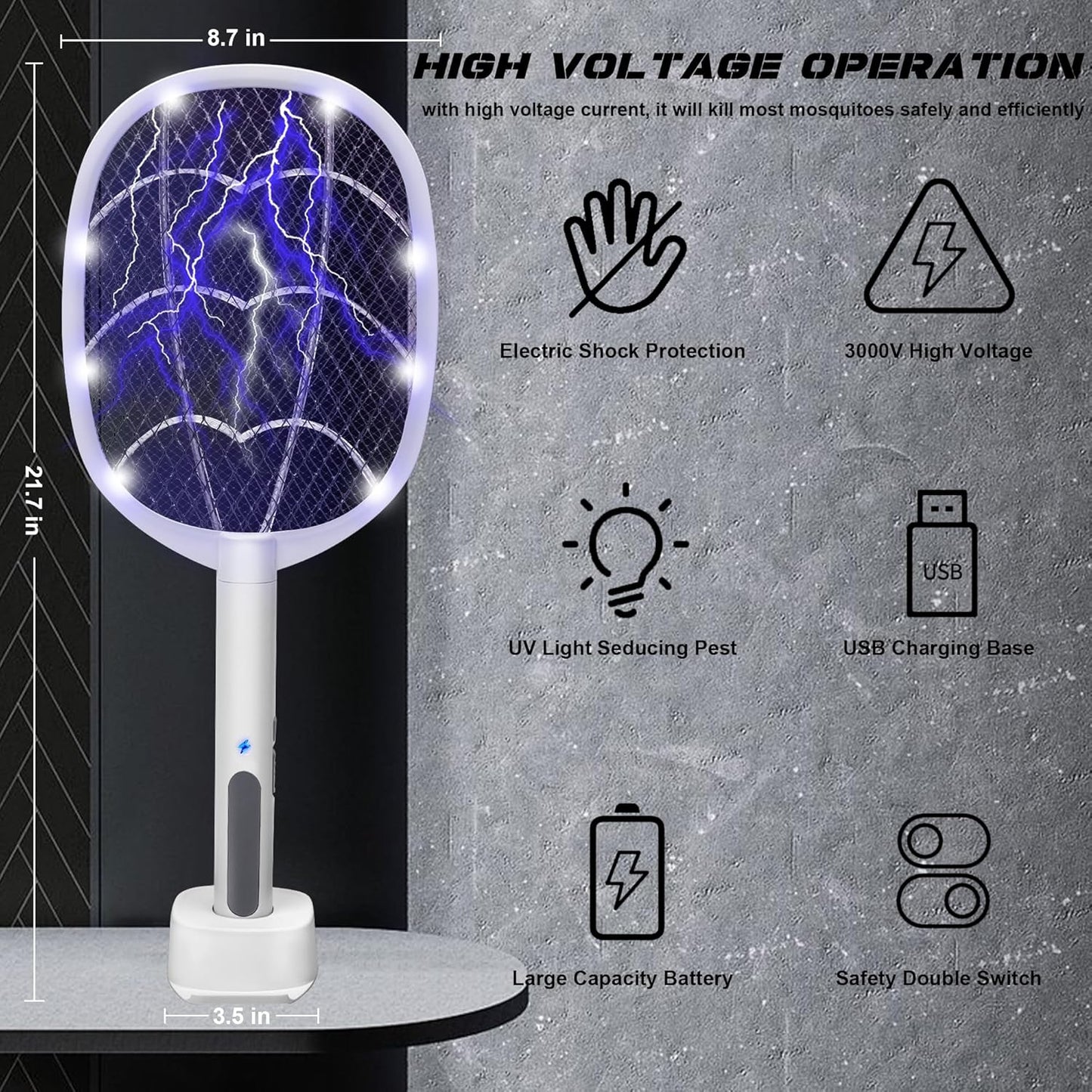 Electric Fly Swatter Rackets, 2-in-1 Handhold Bug Zapper with 3000V High Voltage, Plug-in Mosquito Killer Insect Light Trap with 3 Layer Safety Mesh Portable for Indoor Outdoor Use (2)