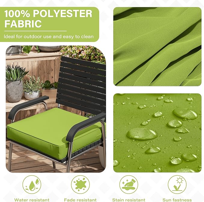 Patio Chair Cushions 19 X 19 X 4 Inch Waterproof Outdoor Seat Cushions for Patio Furniture, Outdoor Sofa Couch Pads with Ties & Handle, Set of 2, Grass Green