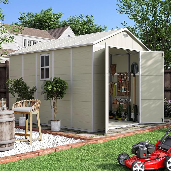 UDPATIO Outdoor Storage Shed 7.5x10.7 FT, Plastic Garden Shed for Bike, Garbage Can, Tool, Outside Sheds & Outdoor Resin Shed with Lockable Door for Backyard, Patio, Lawn, Standstone