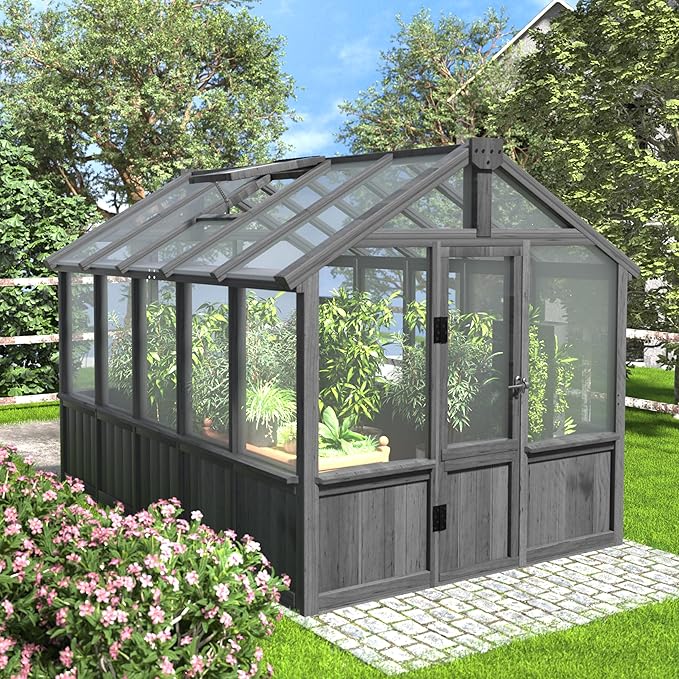 6x10 FT Greenhouse Kit for Outdoor, Thickened Polycarbonate Panel Wooden Walk-in Green House with Lockable Door and Adjustable Roof Vent, Backyard Garden, Black