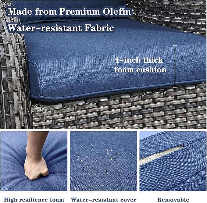 Wicker Outdoor Furniture Patio Furniture Set - 6 Piece Patio Conversation Set with Swivel Rocker Chairs, Rattan Sofa, Ottomans and Coffee Table, Blue Cushion