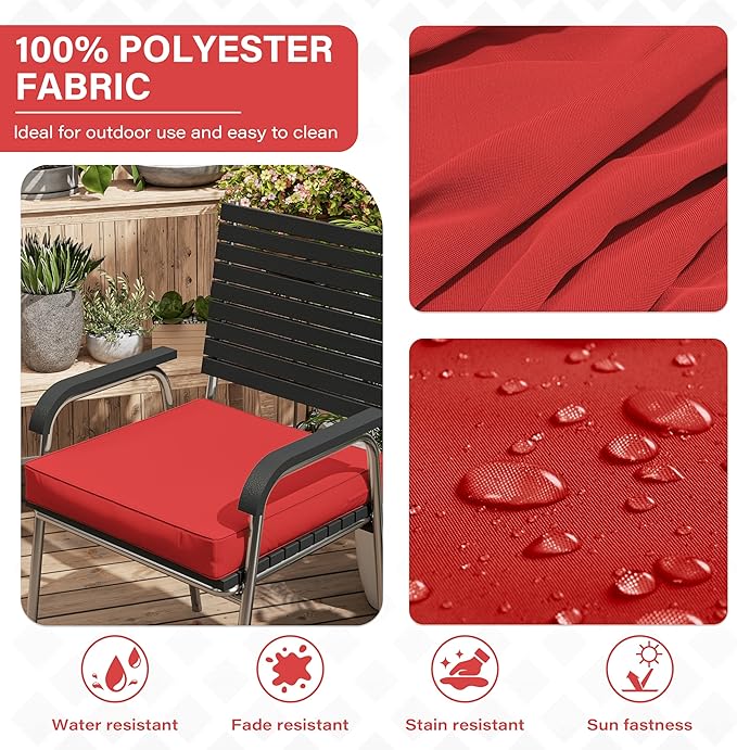 Patio Chair Cushions 17 X 16 X 3 Inch Waterproof Outdoor Seat Cushions for Patio Furniture, Outdoor Sofa Couch Pads with Ties & Handle, Set of 2, Red