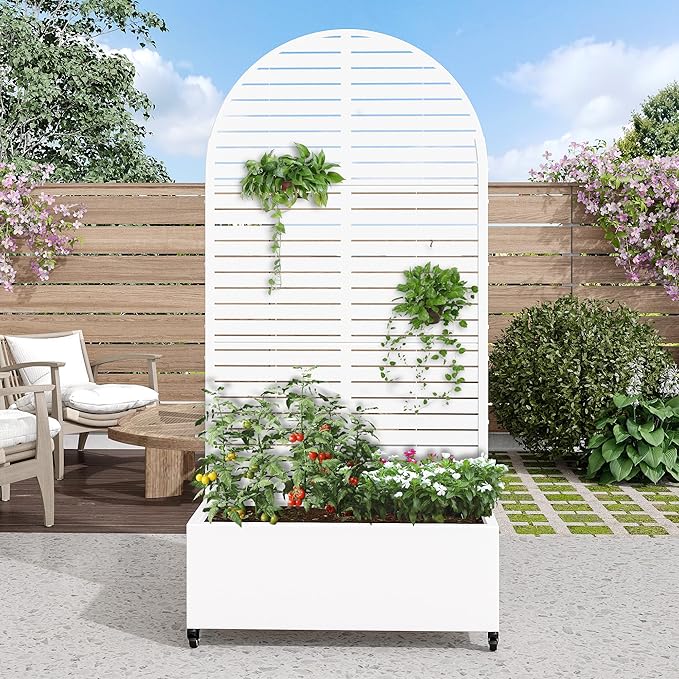 Casaphoria Metal Raised Garden Bed with Trellis and Wheels, 72"x35"x16" Arched Planter Box for Climbing Plants, Vegetables & Vines, Features Drainage Holes and Privacy Screen (White-Louvered)
