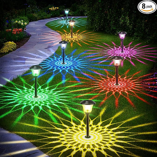 8 Pack 3 Mode Solar Pathway Lights for Outdoor Color Changing/Warm White/Bright White Waterproof Garden Stainless Steel Landscape Path Lighting Walkway Yard Lights Glass LED RGB Black