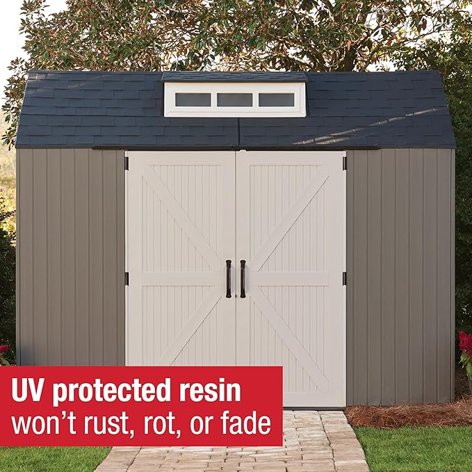 Rubbermaid Extra Large Resin Outdoor Storage Shed With Floor (7 x 10.5 Ft.) Weather Resistant Brown Organization for Home/Lawn Mower/Backyard Equipment/Bike Storage/Pool Supplies
