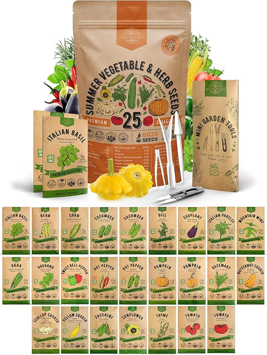 25 Summer Vegetable & Herb Garden Seeds Variety Pack - 6,820+ Non-GMO Heirloom Veggie & Herb Seeds for Outdoors and Indoor Home Gardening: Tomato, Pepper, Okra, Bean, Cucumber, Basil, Rosemary
