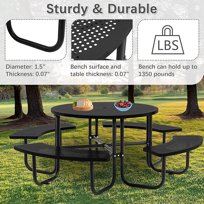 46'' Steel Round Picnic Table for Outdoors, Expanded, Lifetime Picnic Table with Umbrella Hole, Heavy Duty Sturdy Commercial Picnic Tables for Garden Courtyard BBQ, Black