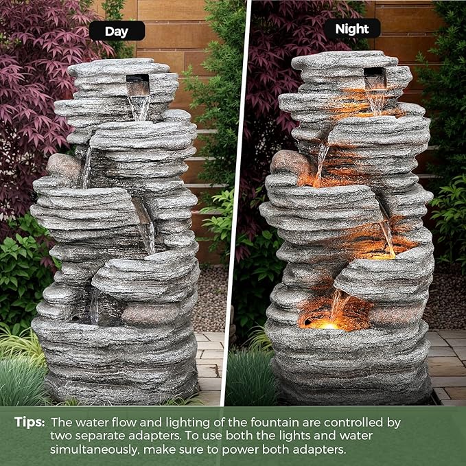 40" Outdoor Water Fountain with LED Lights - 5-Tier Cascading Rock Waterfall Fountain, Natural Rock Look, Ideal for Garden, Landscaping, Patio, Balconies and Yard Decor