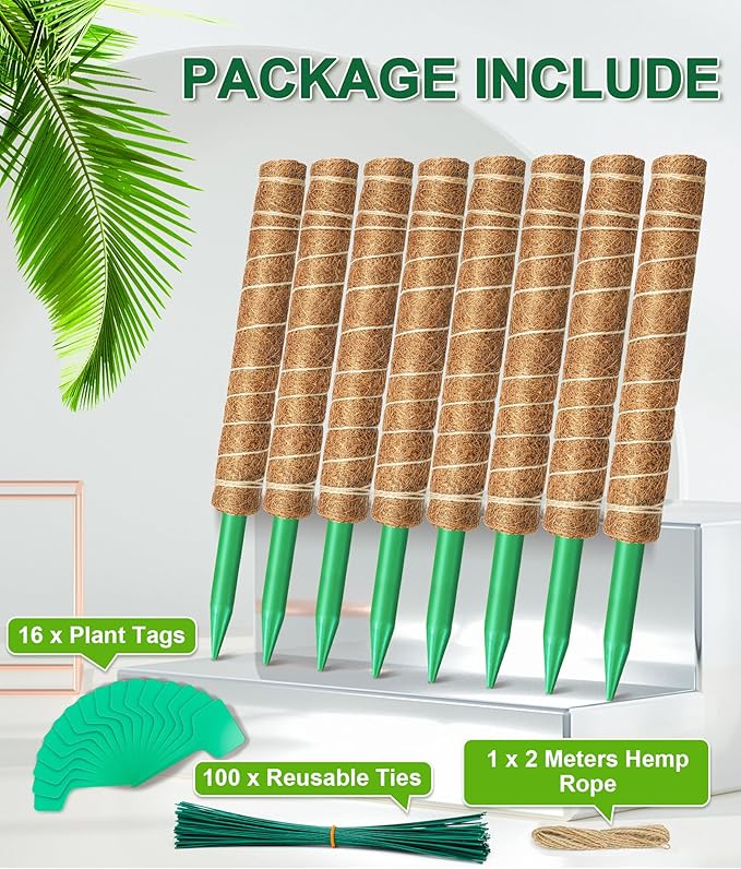 EAONE Moss Pole 168 Inch, 8 Pack 21" Monstera Plant Support for Climbing Potted Live Plants Indoor, Stackable Coco Coir Moss Sticks Monstera Stakes for Pothos Philodendron, with Garden Labels & Ties