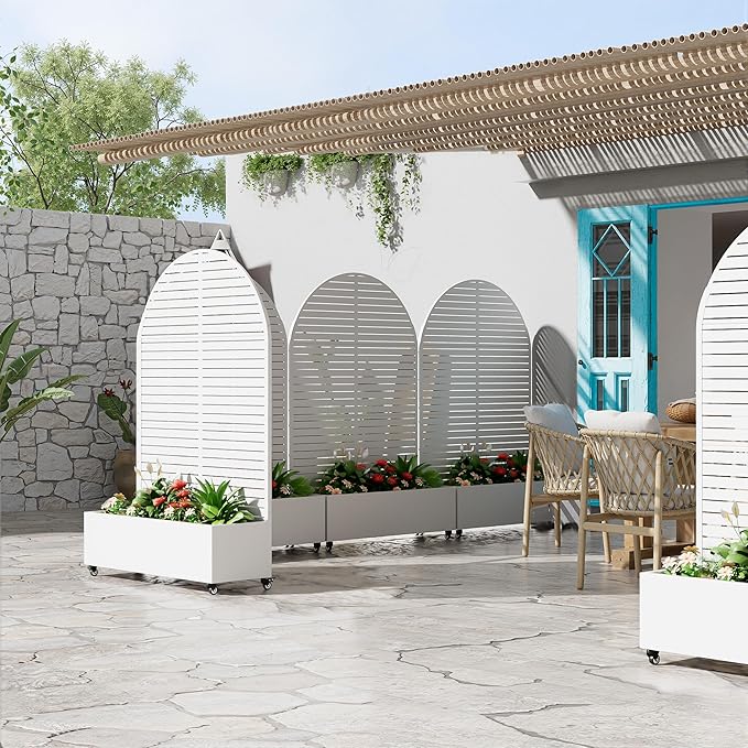 Casaphoria Metal Raised Garden Bed with Trellis and Wheels, 72"x47"x16" Arched Planter Box for Climbing Plants, Vegetables & Vines, Features Drainage Holes and Privacy Screen (White-Louvered)