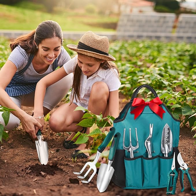 FiveJoy Garden Tool Set, 11 Piece Aluminum Alloy Hand Tool Starter Kit with Garden Bag, Outdoor Tool, Heavy Duty Gardening Work Set with Ergonomic Handle, Gardening Tools