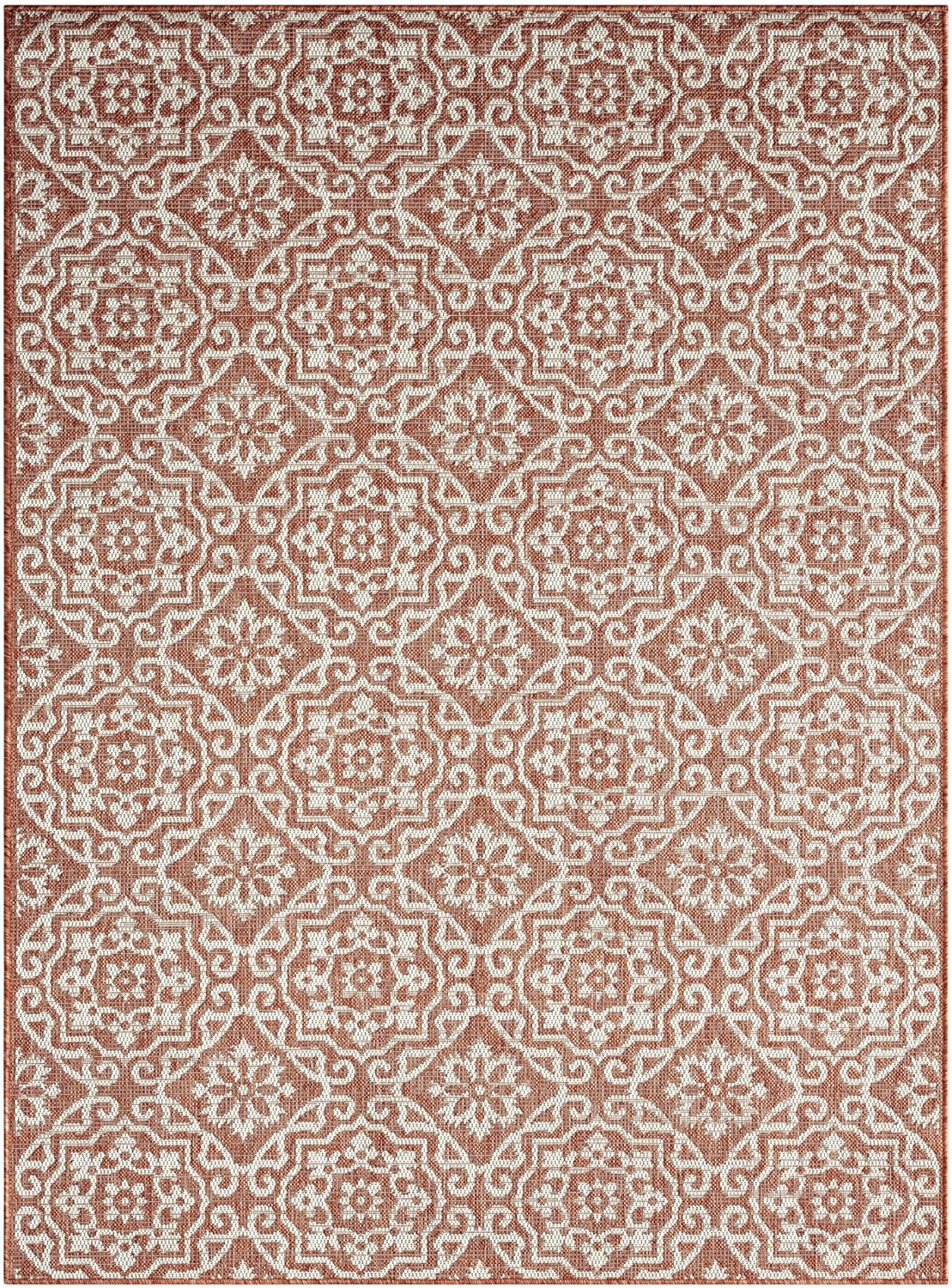 Nicole Miller New York Patio Country Julia Transitional Geometric Indoor/Outdoor Area Rug, Terracotta/Ivory, 5'2"x7'2"