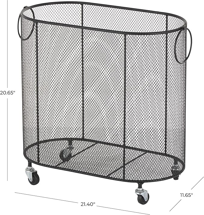 Deco 79 Metal Storage Cart Oval Mesh Wire Rolling Laundry with Ring Handles, 21" x 12" x 21", Black
