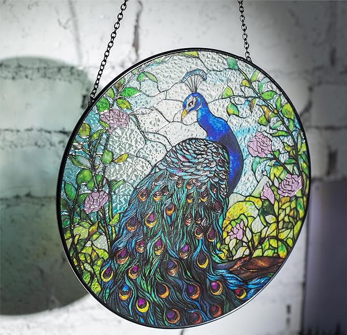 7.8'' Peacock Decor Suncatcher Stained Glass - Originally Designed Peacock Suncatchers for Sun Catchers Indoor Window | Gifts for Peacock Lovers Painted Glass Panel Decor Themed Gift